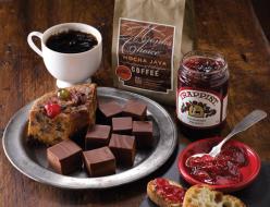 Fruitcake (20oz), Classic Fudge(12oz), Mocha Java Coffee(8oz), & Strawberry Preserve